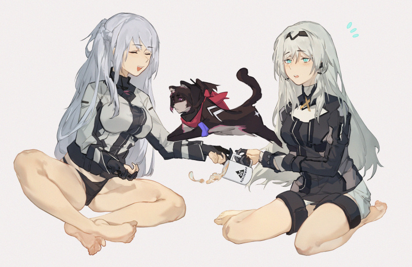 2girls, absurdres, ak-12_(girls'_frontline), an-94_(girls'_frontline), aqua_eyes, bangs, bbsinday, black_hairband, black_panties, blush, braid, breasts, cat, closed_eyes, cup, eyebrows_visible_through_hair, french_braid, full_body, girls_frontline, gloves, grey_hair, hairband, highres, holding, holding_cup, large_breasts, long_hair, long_sleeves, looking_at_another, multiple_girls, open_mouth, panties, sidelocks, silver_hair, smile, squatting, teeth, underwear, upper_teeth