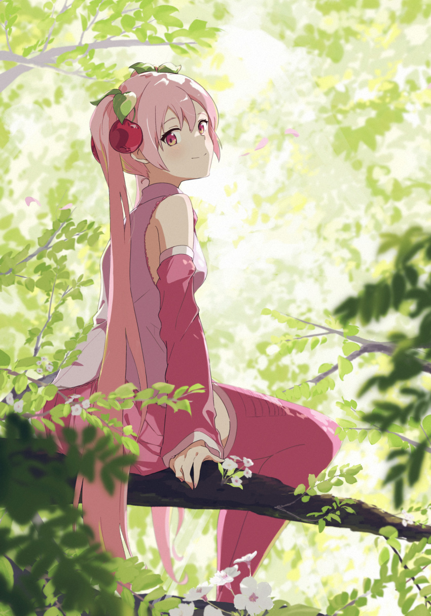 1girl, blurry, blurry_foreground, branch, cherry_hair_ornament, closed_mouth, collared_shirt, commentary_request