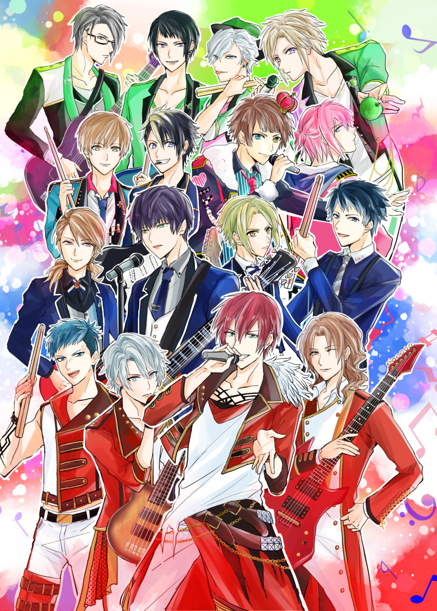 6+boys, absurdres, amagi_narumi, aoi_yuki_(dynamic_chord), apple, belt, black_belt, black_hair