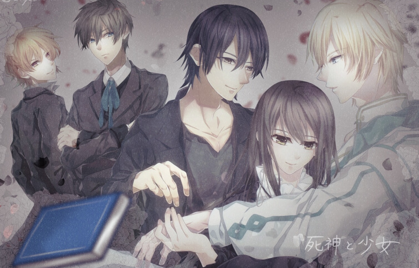 1girl, 4boys, ao_(shinigami_to_shoujo), black_hair, blonde_hair, blue_eyes, blue_ribbon, book, brown_eyes, brown_hair, closed_mouth, commentary_request, crossed_arms, flower, grey_background, hair_between_eyes, hinase_mitsuru, jacket, kirishima_nanaki, koyoru_4170, multiple_boys, orange_hair, petals, ribbon, shinigami_to_shoujo, smile, toono_sayo, toono_tooya, violet_eyes