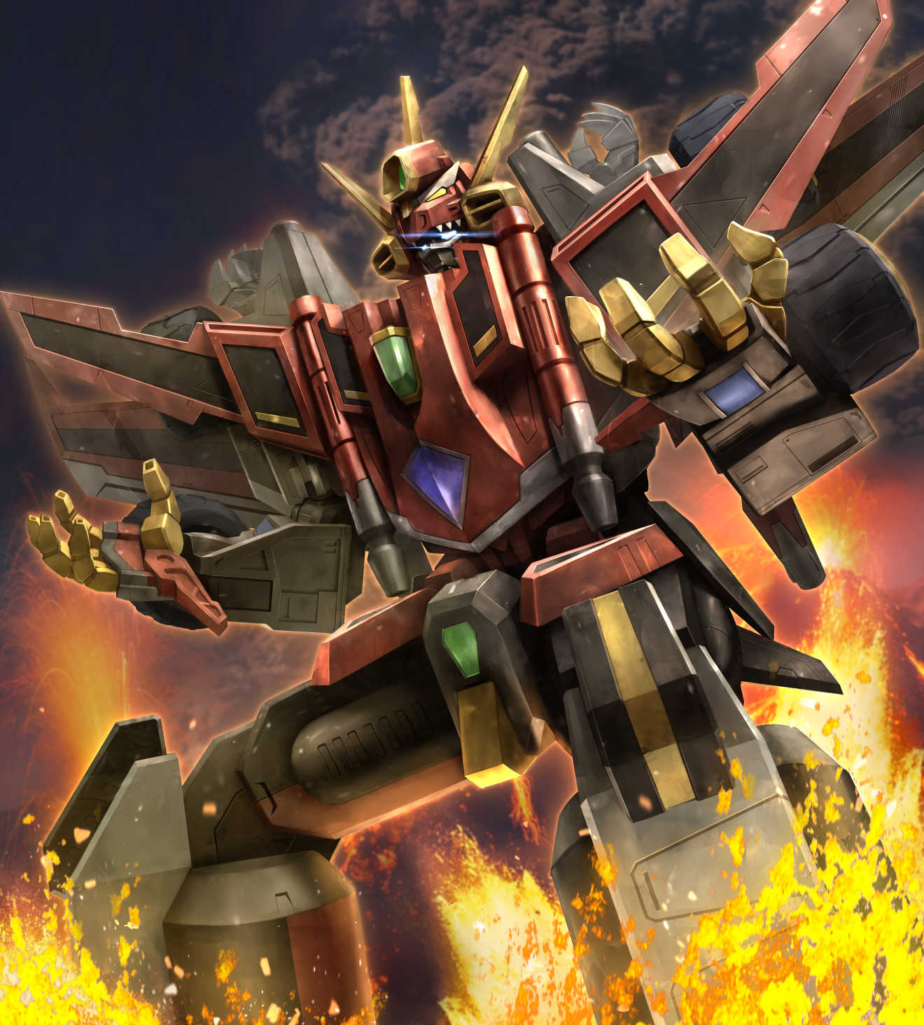 black_background, dynazenon_(character), fire, glowing, glowing_eyes, gridman_universe, highres, looking_ahead