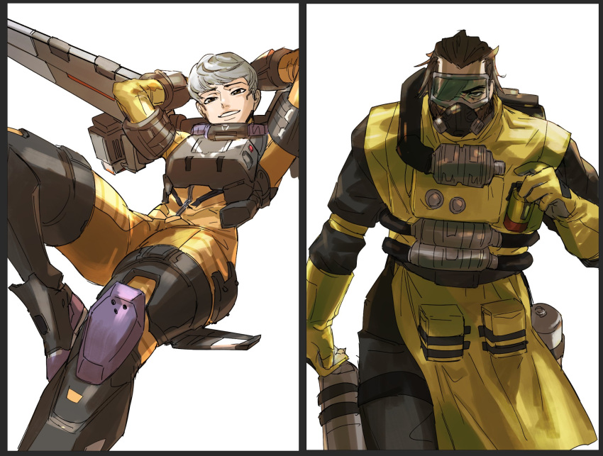 1boy, 1girl, apex_legends, bodysuit, boots, brown_eyes, brown_hair, caustic_(apex_legends)