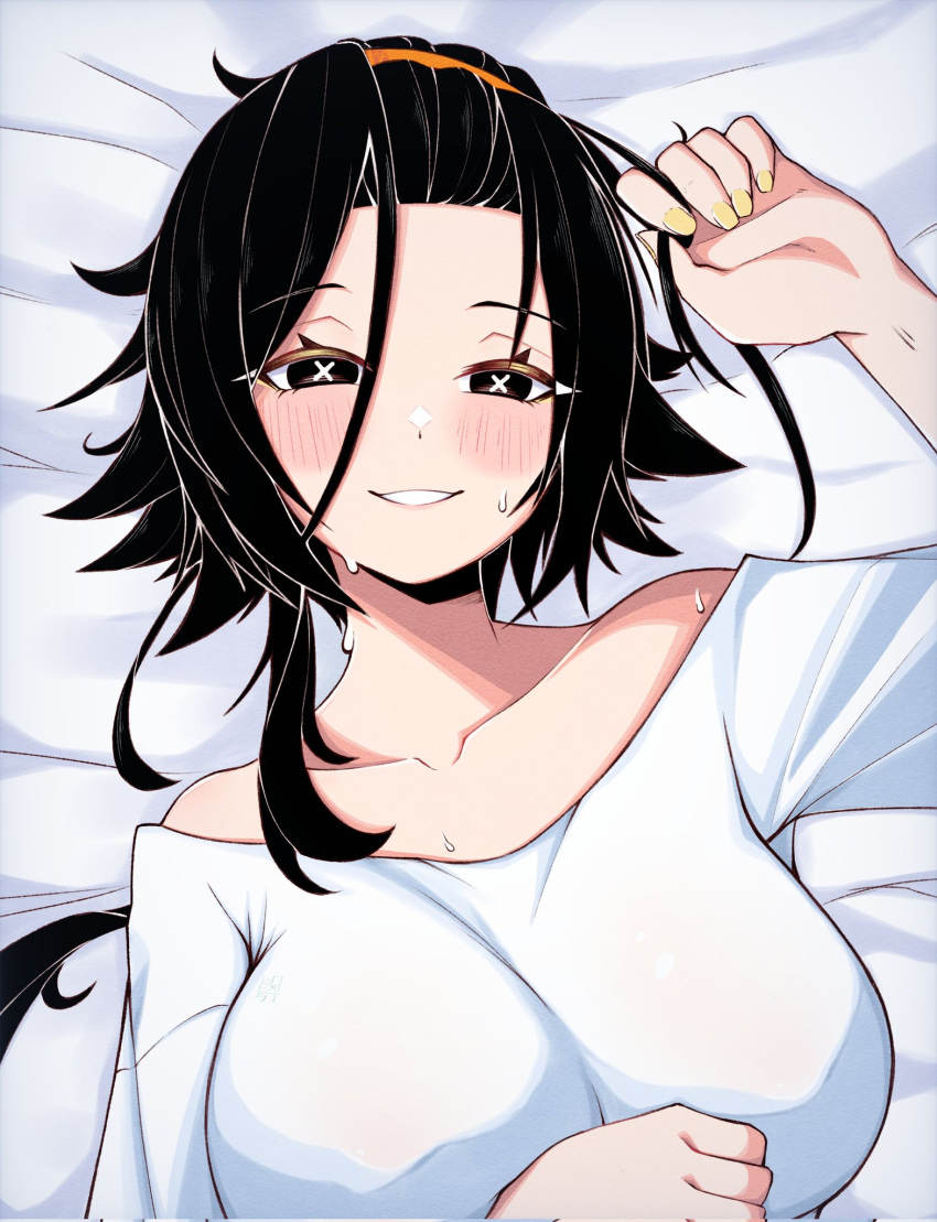 1girl, bangs_pinned_back, blush, borrowed_character, breasts, collarbone, eyebrows_visible_through_hair, highres