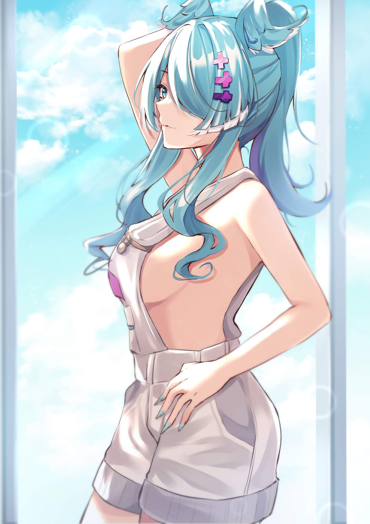 1girl, arm_behind_head, bangs, blue_eyes, blue_hair, blue_nails, breasts, clouds