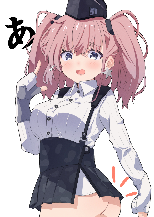 1girl, atlanta_(kancolle), black_headwear, black_skirt, breasts, brown_hair, cowboy_shot, dress_shirt, earrings, garrison_cap, gloves, grey_eyes, hat, high-waist_skirt, jewelry, kantai_collection, large_breasts, long_hair, long_sleeves, no_panties, partially_fingerless_gloves, sanninme_no_haru, shirt, single_earring, skirt, solo, standing, star_(symbol), star_earrings, suspender_skirt, suspenders, two_side_up, white_gloves, white_shirt