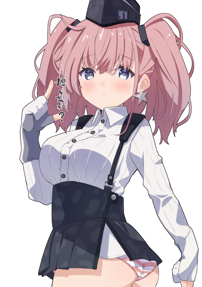 1girl, atlanta_(kancolle), black_headwear, black_skirt, breasts, brown_hair, cowboy_shot, dress_shirt, earrings, garrison_cap, gloves, grey_eyes, hat, high-waist_skirt, jewelry, kantai_collection, large_breasts, long_hair, long_sleeves, panties, partially_fingerless_gloves, sanninme_no_haru, shirt, single_earring, skirt, solo, standing, star_(symbol), star_earrings, striped, striped_panties, suspender_skirt, suspenders, two_side_up, underwear, white_gloves, white_shirt