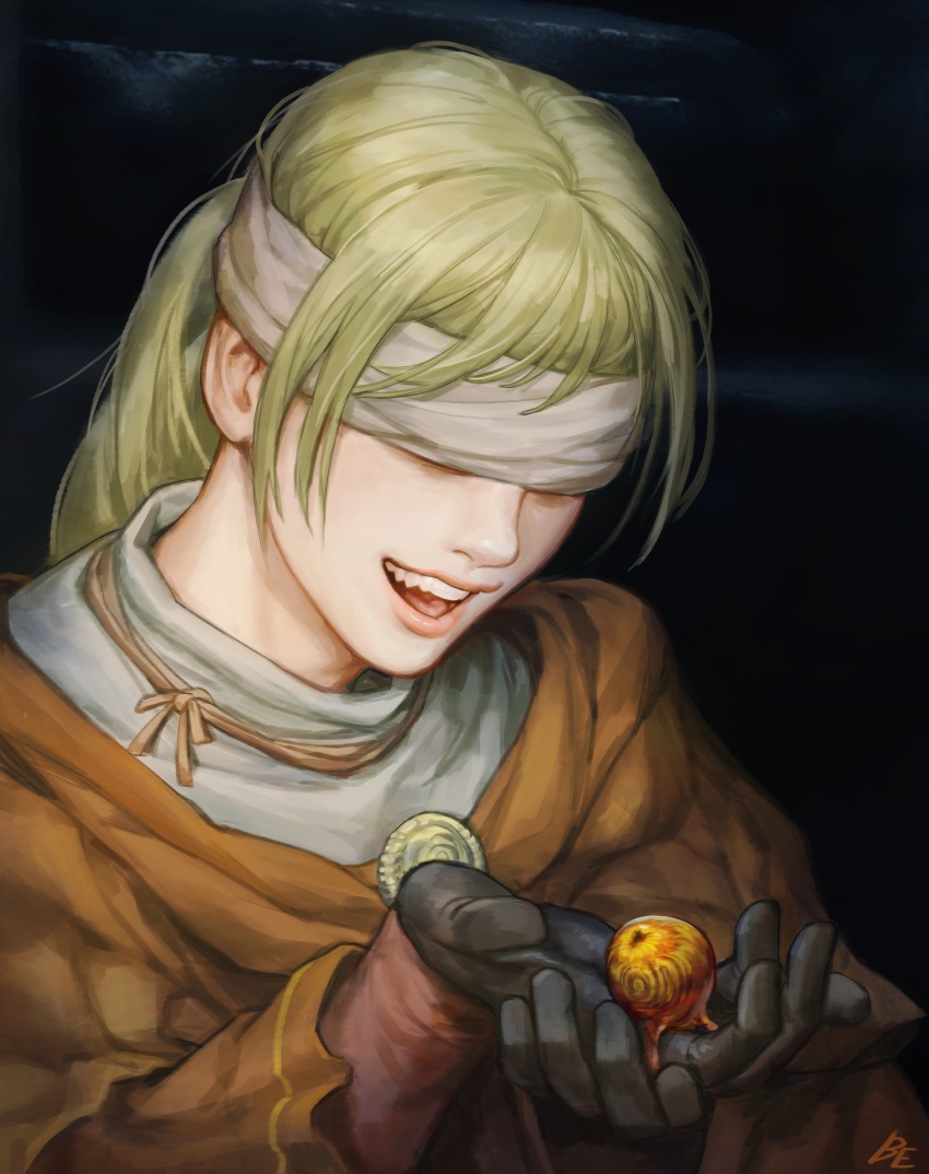 1girl, absurdres, black_gloves, blindfold, blonde_hair, boiled_egg27, braid, brown_dress