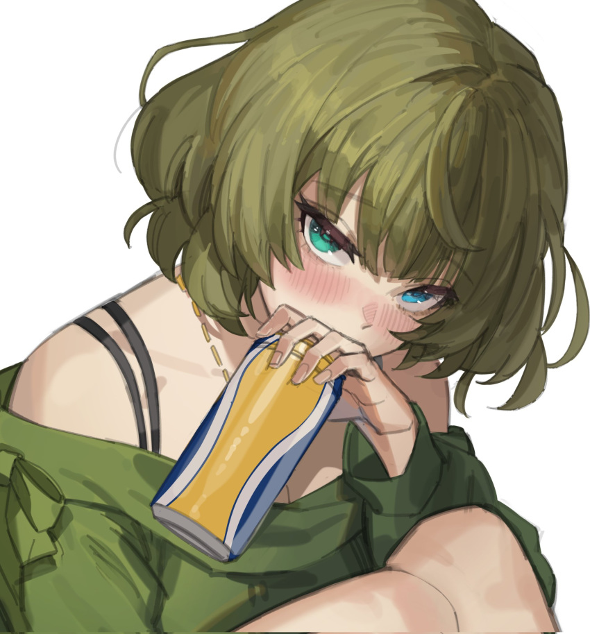 1girl, beer_can, blue_eyes, blush, can, covered_mouth, drunk, green_eyes