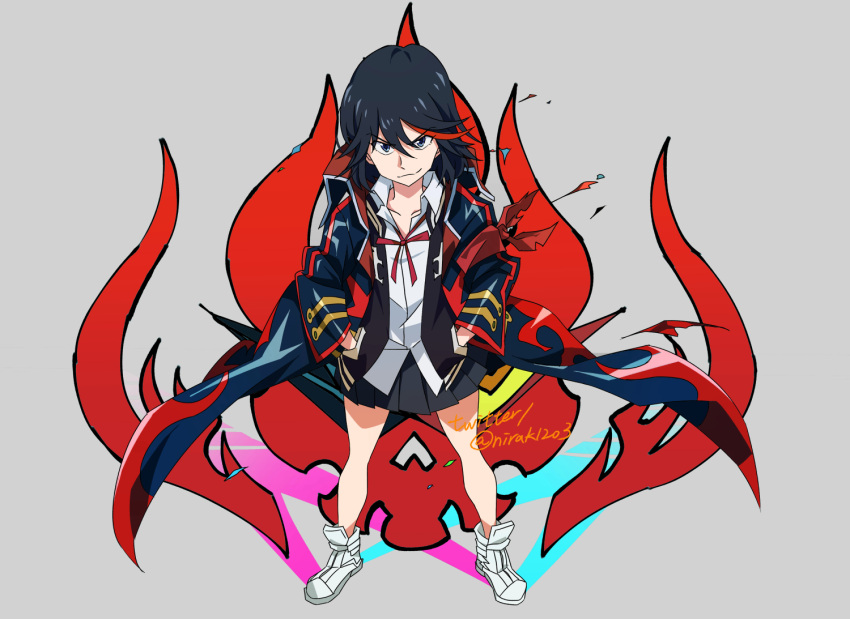 1girl, alternate_costume, armband, black_hair, black_jacket, black_skirt, blue_eyes, crossover, dai-gurren, grey_background, grin, hands_in_pockets, jacket, kill_la_kill, long_coat, looking_at_viewer, matoi_ryuuko, matoi_ryuuko_(casual), multicolored_hair, nirak, redhead, ribbon, shirt, short_hair, skirt, smile, solo, standing, streaked_hair, tengen_toppa_gurren_lagann, twitter_username, white_footwear, white_shirt