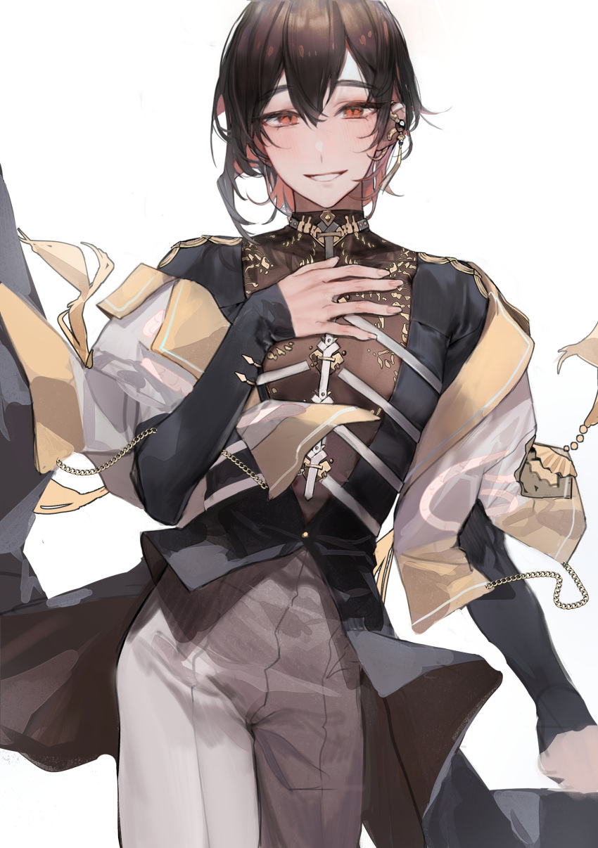 1boy, absurdres, bangs, black_hair, blush, ear_piercing, hair_between_eyes, hand_on_own_chest, highres, ihatedraw, jewelry, long_sleeves, looking_at_viewer, male_focus, multicolored_hair, nu_carnival, pants, parted_lips, piercing, red_eyes, redhead, simple_background, solo, white_background, yakumo_(nu_carnival)