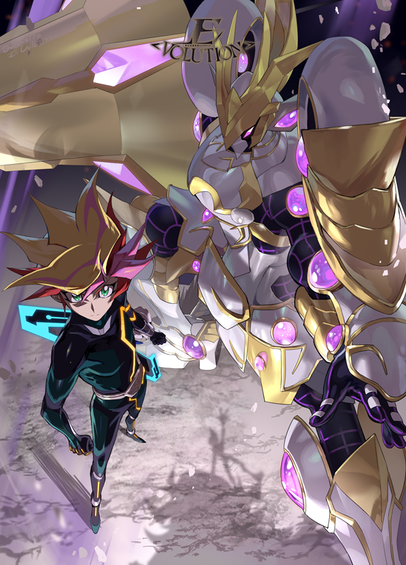 2boys, accesscode_talker, aqua_eyes, armor, artist_logo, black_bodysuit, blonde_hair, bodysuit, duel_disk, duel_monster, e_volution, from_above, fujiki_yuusaku, full_body, looking_up, multicolored_hair, multiple_boys, pink_hair, playmaker, redhead, spiky_hair, standing, weapon, yu-gi-oh!, yu-gi-oh!_vrains