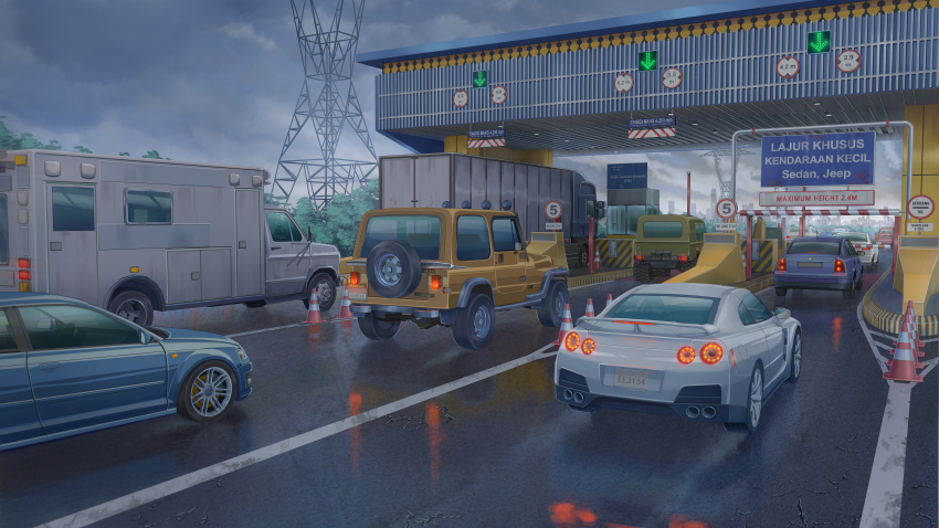 absurdres, ambulance, arrow_(symbol), car, clouds, cloudy_sky, english_commentary, ground_vehicle