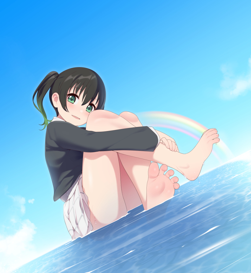 1girl, bangs, bare_legs, black_hair, black_jacket, blue_sky, blush, cardigan, clouds, commentary_request, dutch_angle, eyebrows_visible_through_hair, feet, full_body, gradient_hair, green_eyes, green_hair, head_tilt, highres, hugging_own_legs, jacket, legs, long_legs, looking_at_viewer, love_live!, love_live!_nijigasaki_high_school_idol_club, maidforge, multicolored_hair, open_mouth, partially_submerged, plaid, plaid_skirt, rainbow, school_uniform, shiny, shiny_skin, sidelocks, skirt, sky, soles, solo, takasaki_yuu, thighs, toes, twintails, water, wet, white_skirt