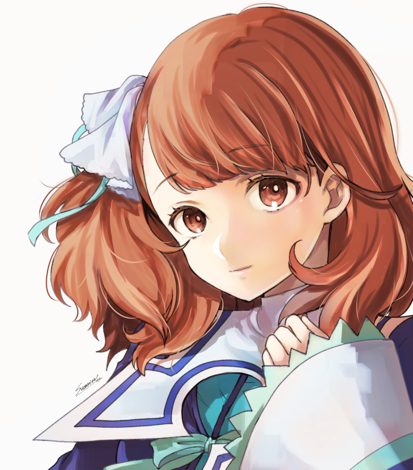1girl, brown_eyes, brown_hair, closed_mouth, dress, hair_ornament, hair_ribbon, highres