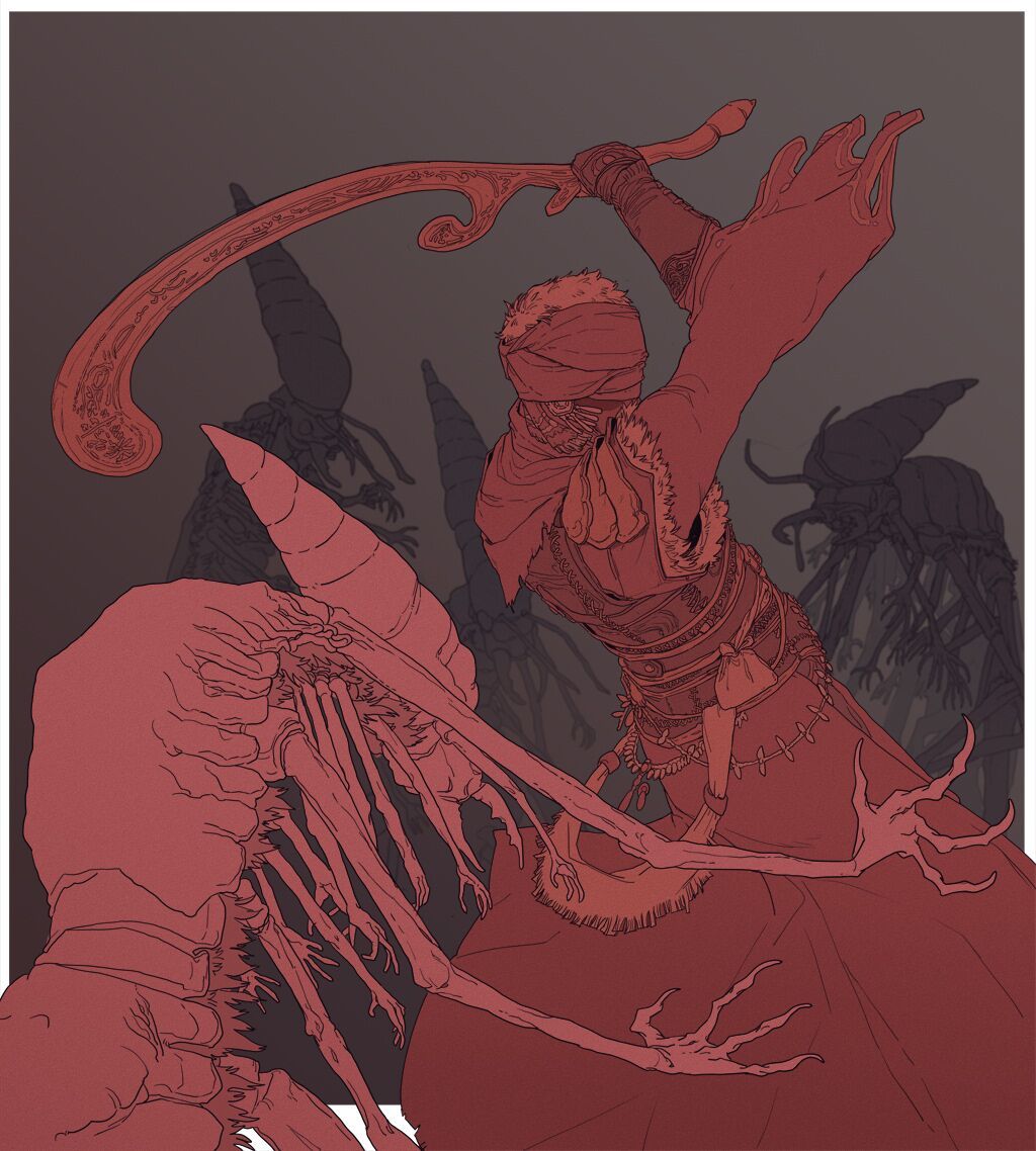 1boy, arm_up, blindfold, border, brown_background, elden_ring, extra_arms, fighting