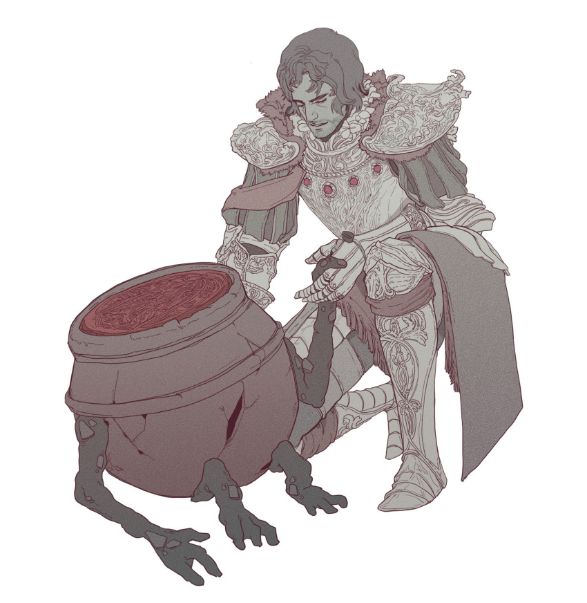 1boy, armor, armored_boots, bangs, black_hair, boots, breastplate, closed_eyes, crack, diallos_(elden_ring), elden_ring, facial_hair, flat_color, full_body, fur-trimmed_armor, fur_trim, gauntlets, gloves, grey_footwear, grey_gloves, hand_up, happy, highres, holding_hands, it-s-owl-o-clock, jar_bairn, jpeg_artifacts, knees_up, living_jar_(elden_ring), male_focus, one_knee, parted_lips, short_hair, shoulder_armor, sidelocks, simple_background, sitting, smile, stubble, u_u, waist_cape, white_background