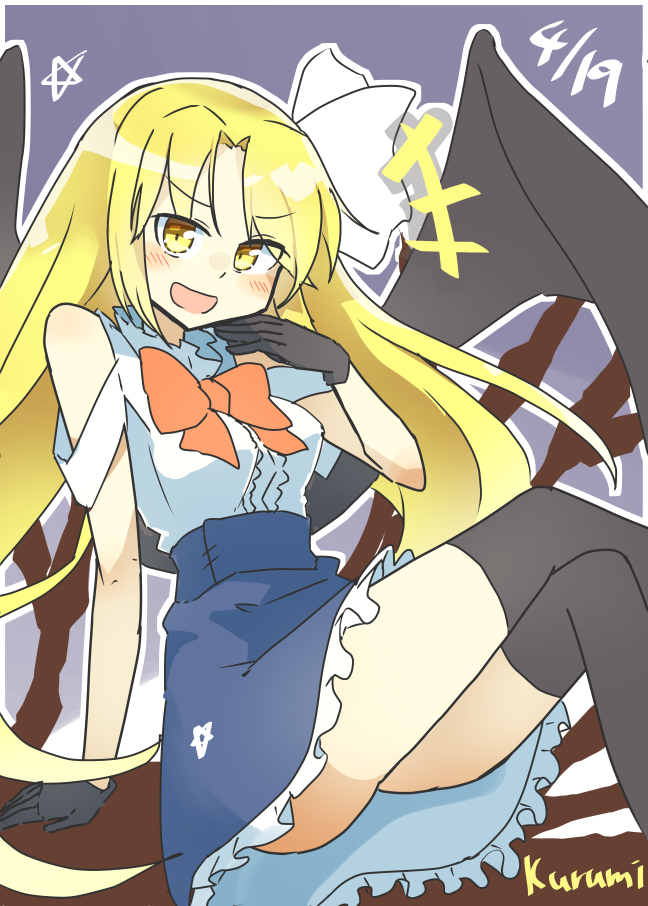 1girl, :d, bangs, bare_shoulders, bat_wings, black_background, black_legwear, black_skirt, blonde_hair, bow, bowtie, character_name, crossed_legs, dated, eyebrows_visible_through_hair, hair_ribbon, kurumi_(touhou), long_hair, looking_at_viewer, matsu_kitsune, open_mouth, outline, red_bow, red_bowtie, ribbon, simple_background, sitting, skirt, smile, solo, thigh-highs, touhou, touhou_(pc-98), white_outline, white_ribbon, wings, yellow_eyes