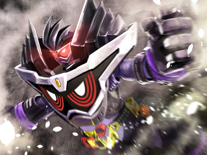 1boy, armor, black_armor, bursting, bursting_from_ground, commentary_request, driver_(kamen_rider), gamer_driver