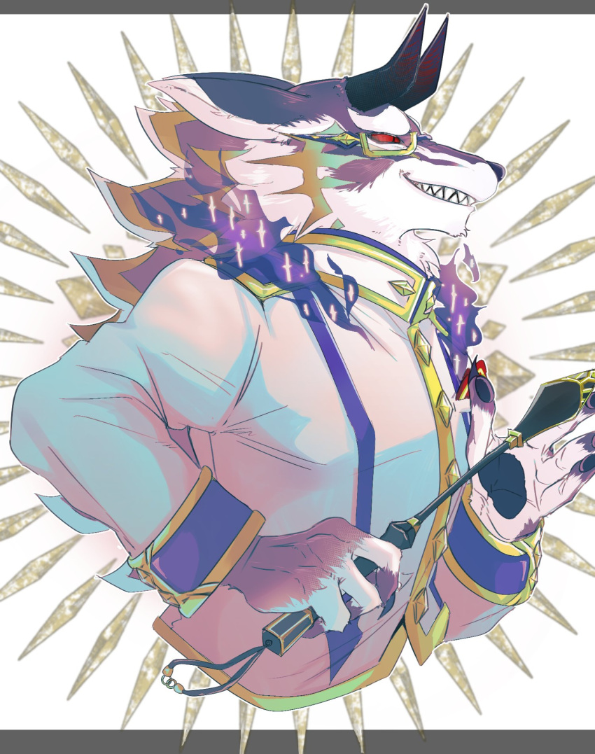 1boy, animal_nose, bael_(housamo), black_fire, colored_sclera, commentary_request, evil_grin, evil_smile