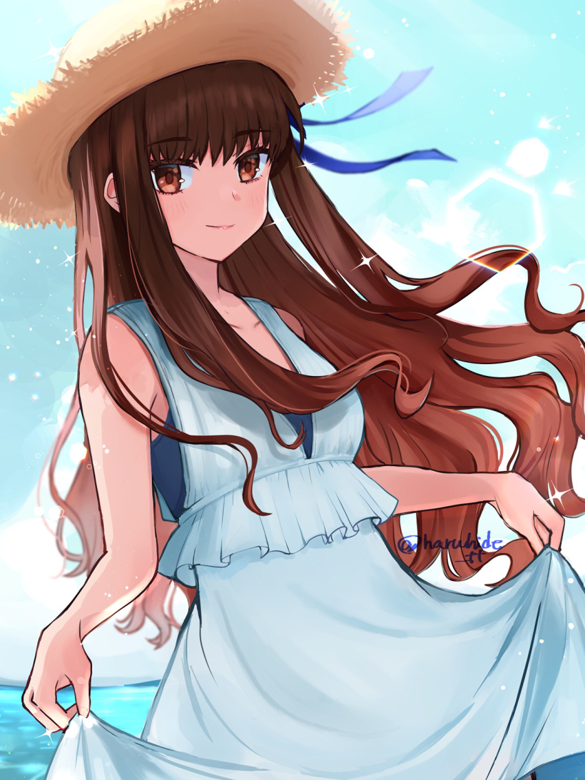 1girl, alternate_costume, bangs, breasts, brown_eyes, brown_hair, dress, fate/extra, fate_(series), hat, highres, kishinami_hakuno_(female), long_hair, matsui_haru, sleeveless, sleeveless_dress, small_breasts, smile, straw_hat, sun_hat, sundress, white_dress