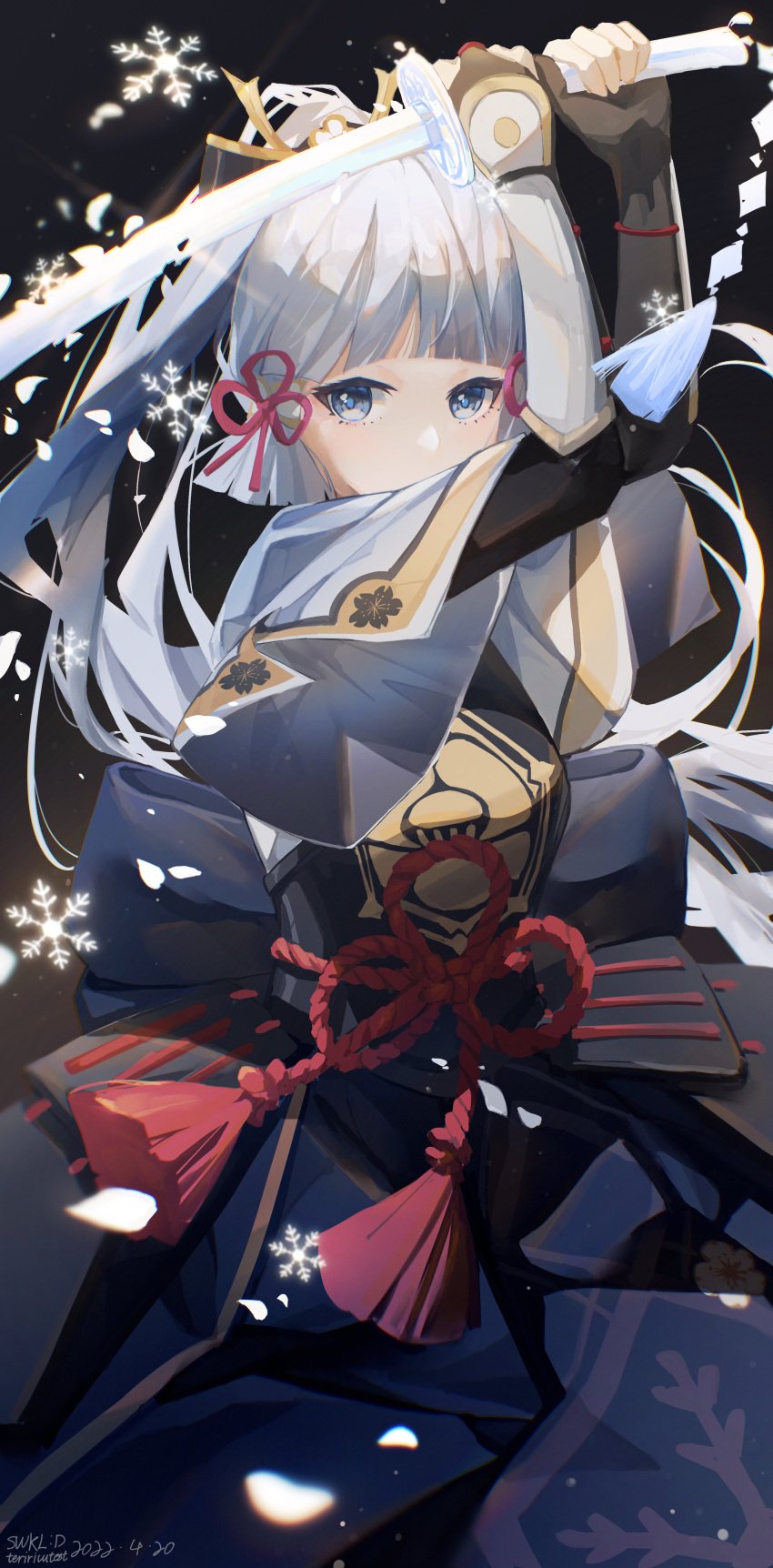 1girl, absurdres, bangs, blunt_bangs, clothing_request, genshin_impact, hair_ornament, hair_ribbon, highres, holding, holding_weapon, kamisato_ayaka, katana, light_blue_hair, long_hair, petals, pink_ribbon, ponytail, red_rope, ribbon, rope, snow_blower, solo, swkl:d, sword, weapon