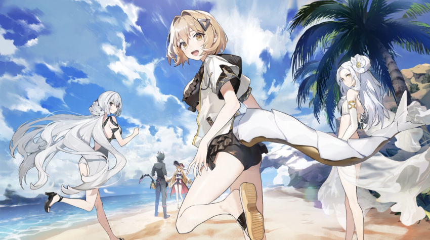 1boy, 4girls, alchemy_stars, ass, bangs, beach, beryl_(alchemy_stars), bikini