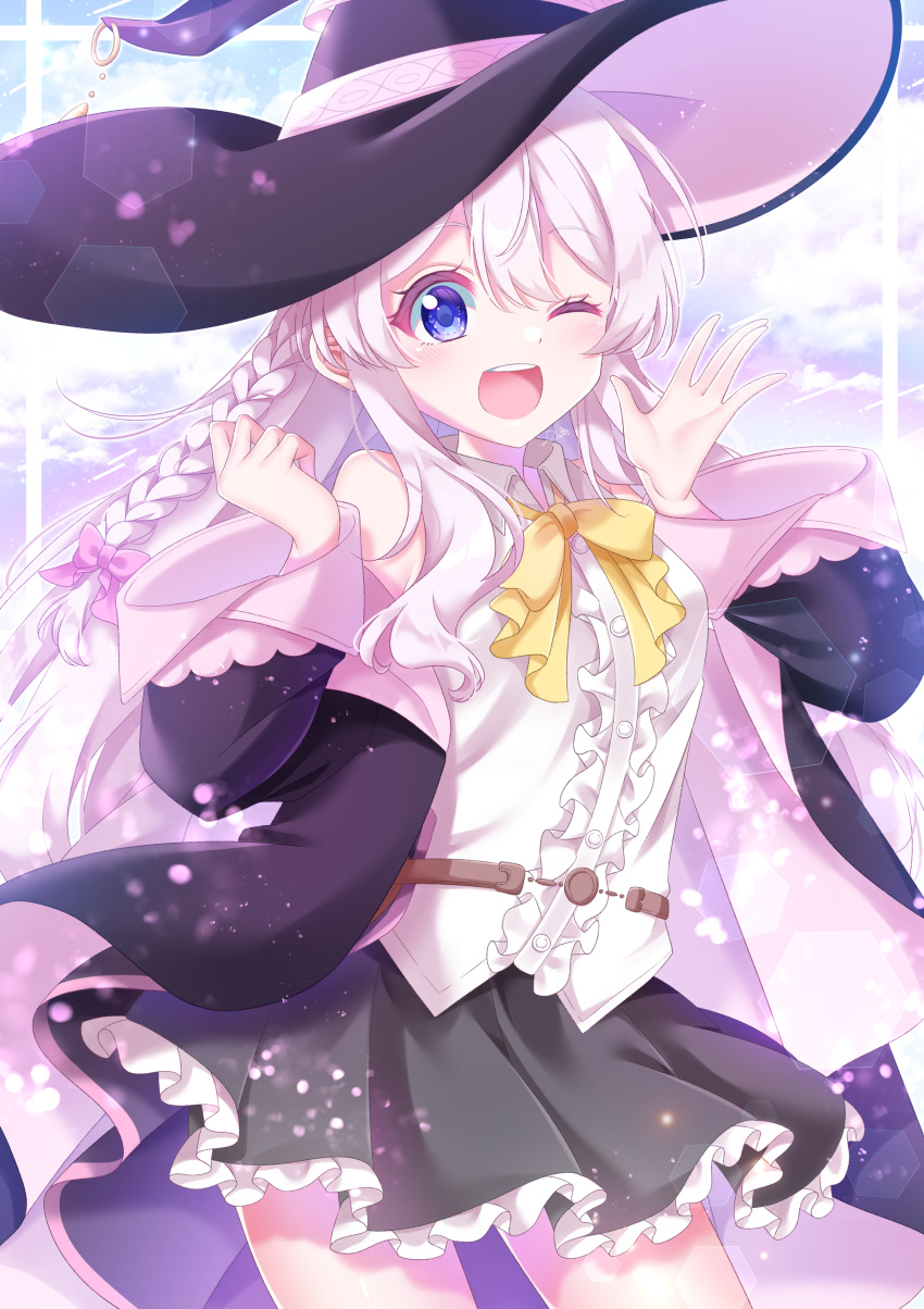 1girl, ;d, absurdres, bangs, black_headwear, black_robe, black_skirt, blue_eyes, blush, bow, bowtie, braid, commentary_request, cowboy_shot, elaina_(majo_no_tabitabi), eyebrows_visible_through_hair, frilled_skirt, frills, hair_between_eyes, hands_up, hat, highres, kiseki_dia, long_hair, long_sleeves, majo_no_tabitabi, one_eye_closed, open_mouth, pink_bow, shirt, silver_hair, single_braid, skirt, sleeveless, sleeveless_shirt, smile, solo, teeth, white_shirt, wide_sleeves, witch_hat, yellow_bow, yellow_bowtie
