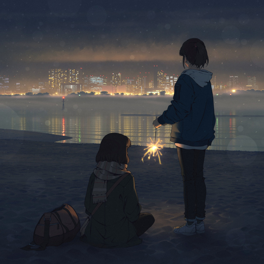2girls, absurdres, bag, beach, black_hair, blue_jacket, blurry, bokeh