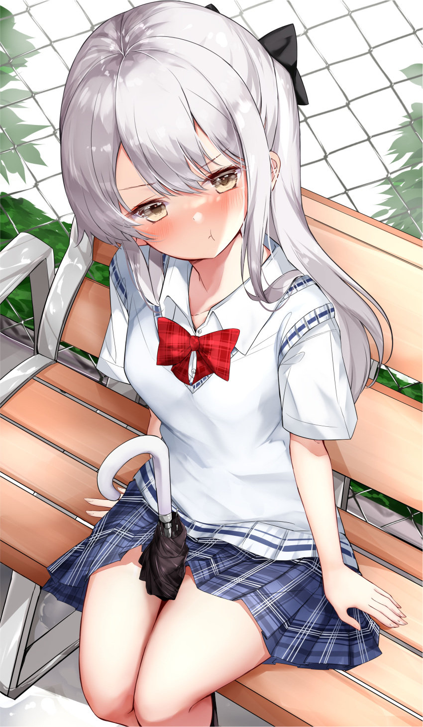 1girl, absurdres, bench, between_thighs, black_ribbon, blue_skirt, blush, bow