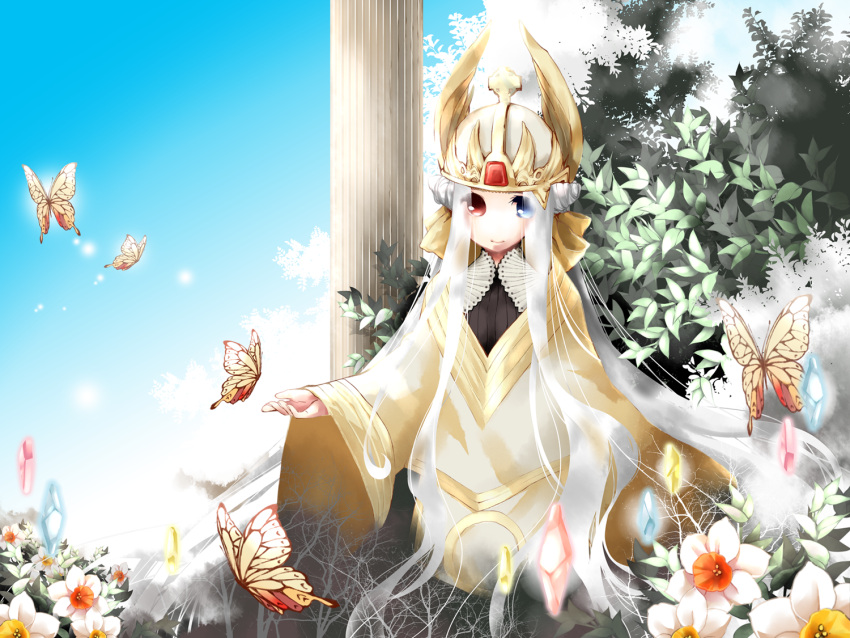1girl, blue_eyes, bug, bush, butterfly, closed_mouth, column, commentary_request, crown, crystal, dress, flower, full_body, gem, golden_wings, hair_cones, heterochromia, long_hair, long_sleeves, looking_at_viewer, orange_butterfly, pillar, pope_(ragnarok_online), ragnarok_online, red_eyes, red_gemstone, shizaki_asuka, smile, solo, white_dress, white_flower, white_hair, wide_sleeves, winged_hat