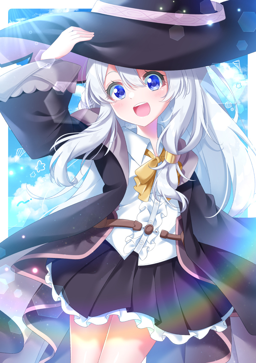 1girl, :d, absurdres, bangs, black_headwear, black_robe, black_skirt, blue_eyes, blue_sky, blush, bow, bowtie, braid, clouds, collared_shirt, commentary_request, cowboy_shot, elaina_(majo_no_tabitabi), frilled_skirt, frills, hair_between_eyes, hand_on_headwear, hat, highres, kiseki_dia, light_rays, long_hair, long_sleeves, majo_no_tabitabi, open_clothes, open_robe, outdoors, pleated_skirt, robe, shirt, silver_hair, single_braid, skirt, sky, smile, solo, teeth, upper_teeth, white_shirt, wide_sleeves, witch_hat, yellow_bow, yellow_bowtie