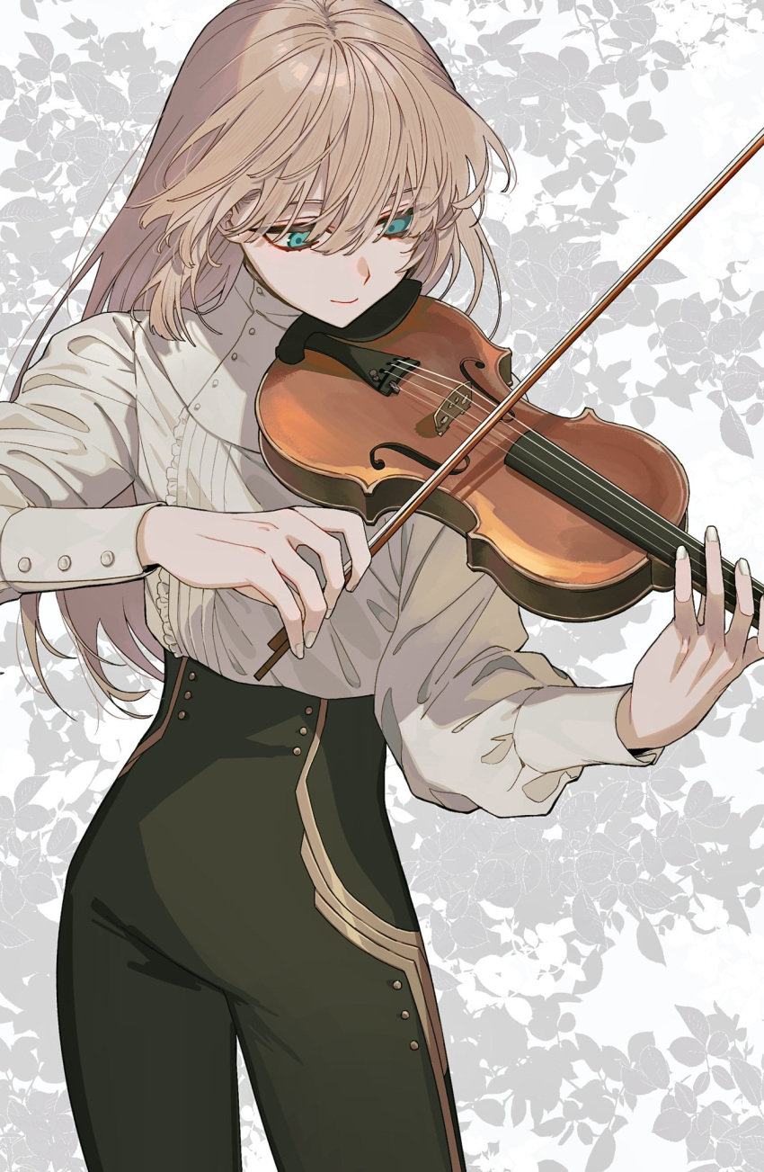 1girl, bangs, black_pants, blonde_hair, closed_mouth, collared_shirt, commentary, fingernails