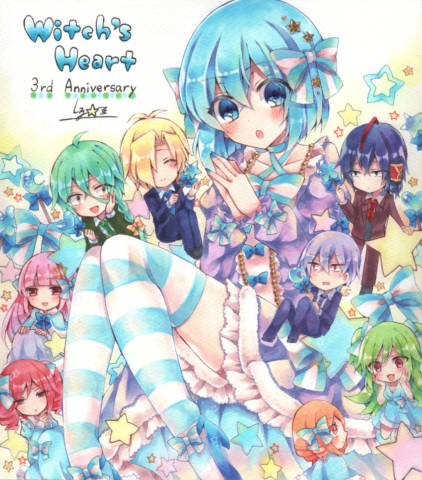 4boys, 5girls, :3, :d, :o, absurdres, ahoge, anniversary