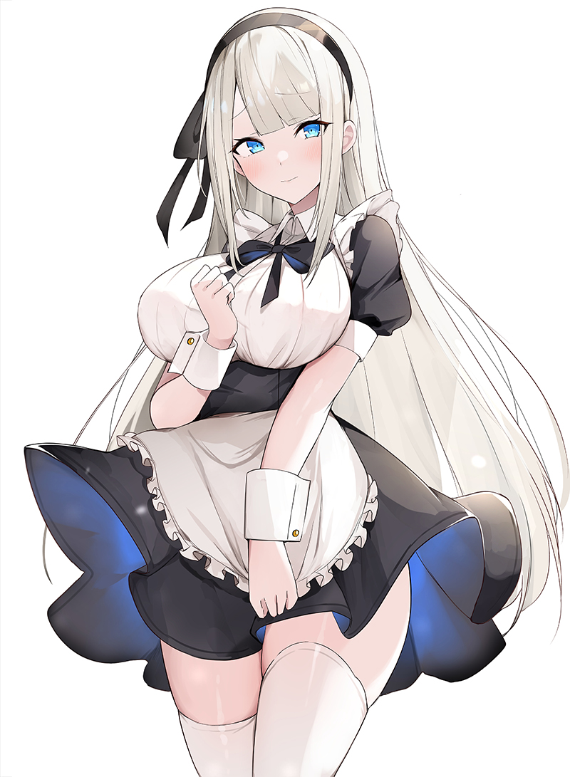 1girl, alternate_costume, apron, aqua_eyes, bangs, black_bow, black_bowtie, black_dress