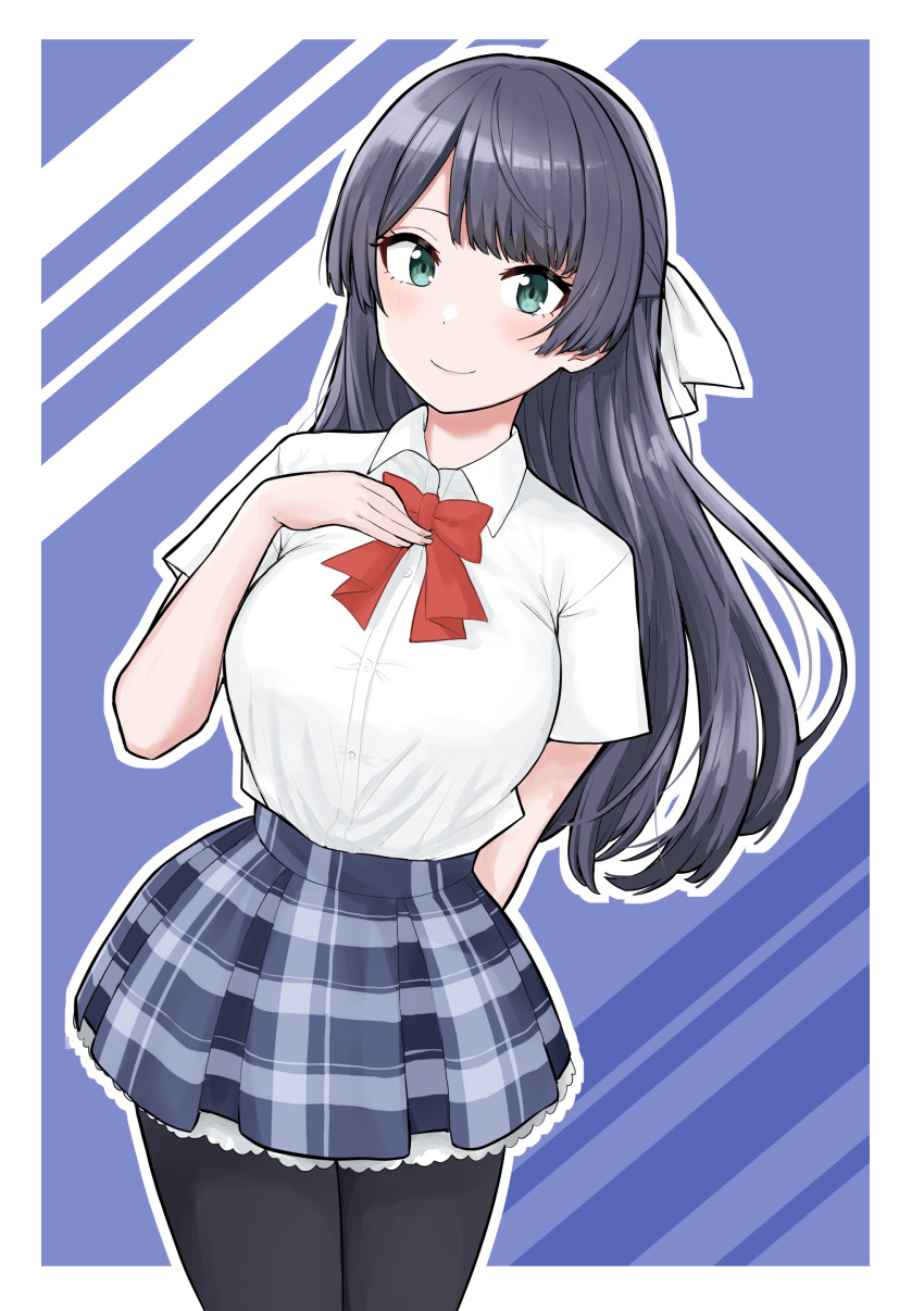 1girl, absurdres, arm_behind_back, bangs, black_hair, black_legwear, blue_background, blue_skirt