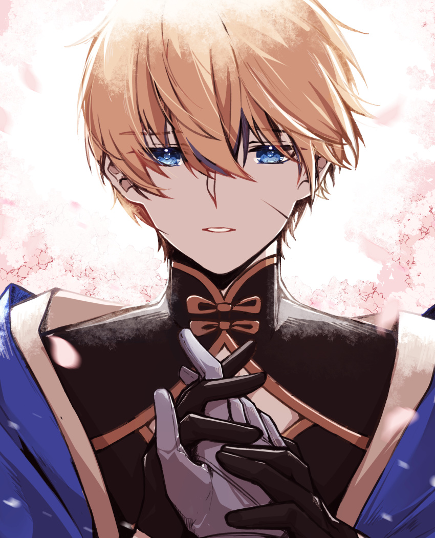 1boy, absurdres, bangs, black_dress, blonde_hair, blue_dress, blue_eyes, cherry_blossoms