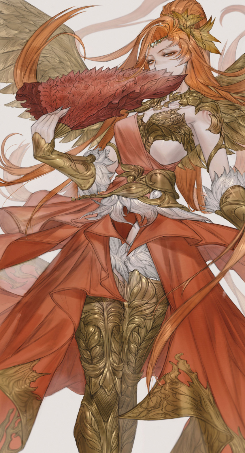 1girl, absurdres, azeyma, bandeau, boots, circlet, covered_mouth, feet_out_of_frame, final_fantasy, final_fantasy_xiv, folding_fan, fur_trim, half-closed_eyes, hand_fan, head_wreath, high_ponytail, highres, holding, holding_fan, long_hair, looking_at_viewer, orange_eyes, orange_hair, solo, thigh-highs, thigh_boots, tladpwl03, toga, vambraces, very_long_hair, wings