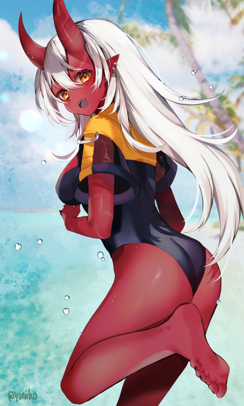 1girl, :d, akumi_(yoclesh), ass, bangs, bare_legs, barefoot, beach