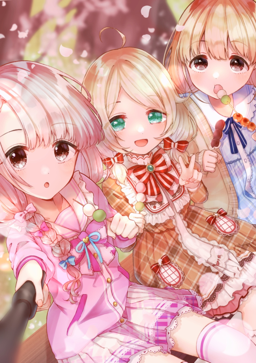 3girls, :d, :o, blurry, blurry_background, bow, dango, dress
