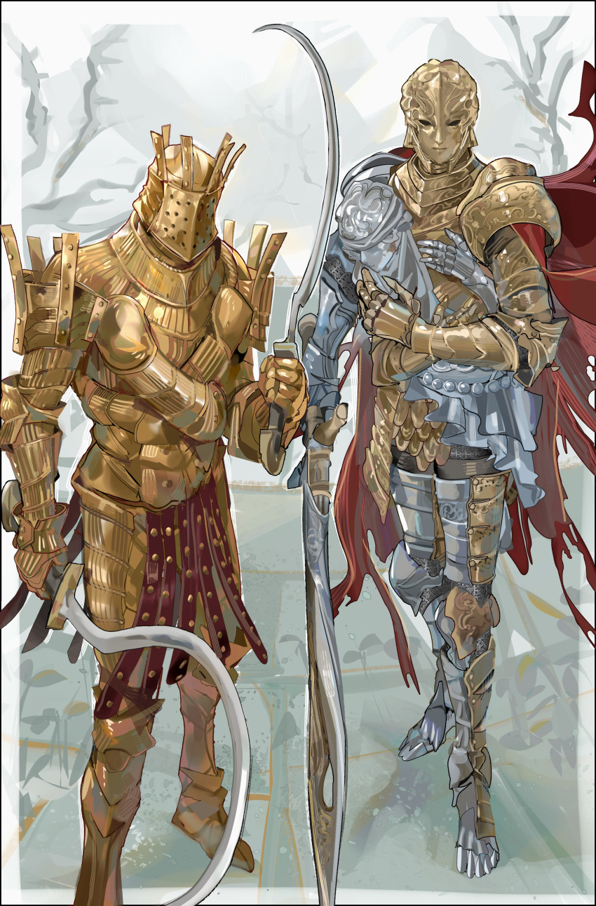 2boys, absurdres, armor, bare_tree, cape, d_hunter_of_the_dead, dark_souls_(series), dark_souls_i, dual_wielding, elden_ring, from_software, full_armor, full_body, gold_armor, grey_background, highres, holding, holding_sickle, holding_weapon, knight_lautrec_of_carim, looking_at_viewer, male_focus, multiple_boys, nslacka, reflective_floor, simple_background, standing, sword, tree, weapon