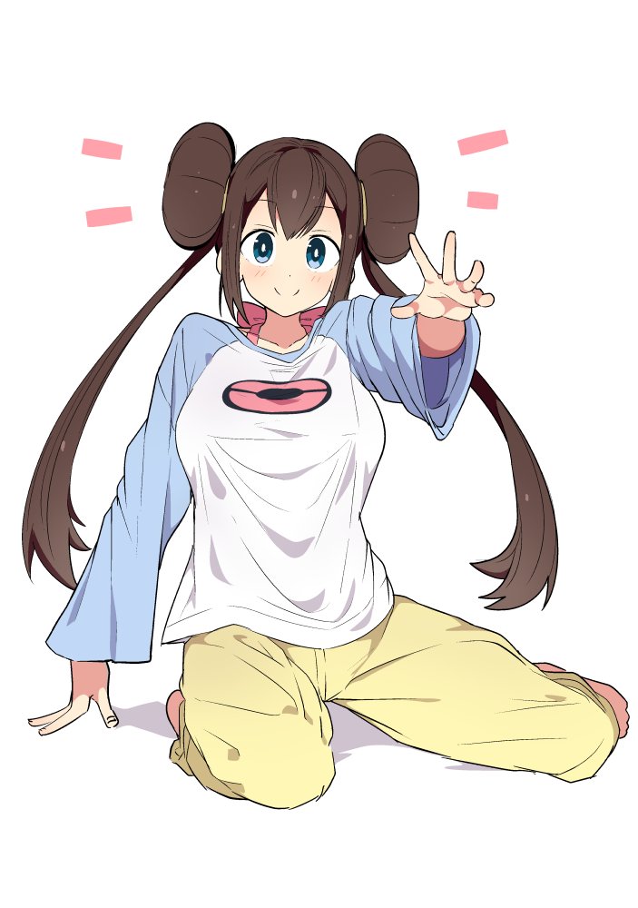 1girl, adapted_costume, blue_eyes, bow, breasts, brown_hair, double_bun, doughnut_hair_bun