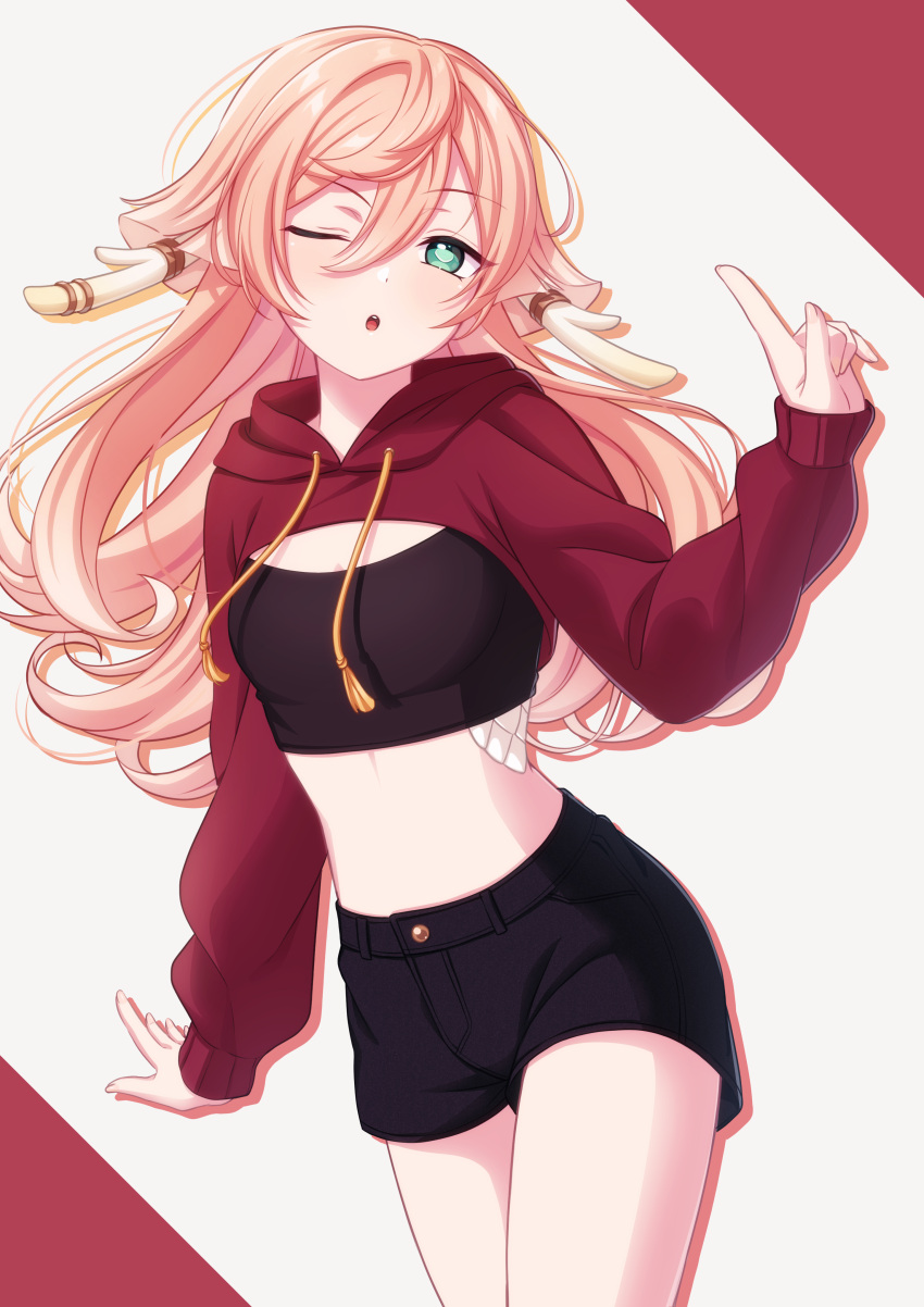 1girl, ;o, absurdres, alternate_costume, bangs, black_shirt, black_shorts, casual