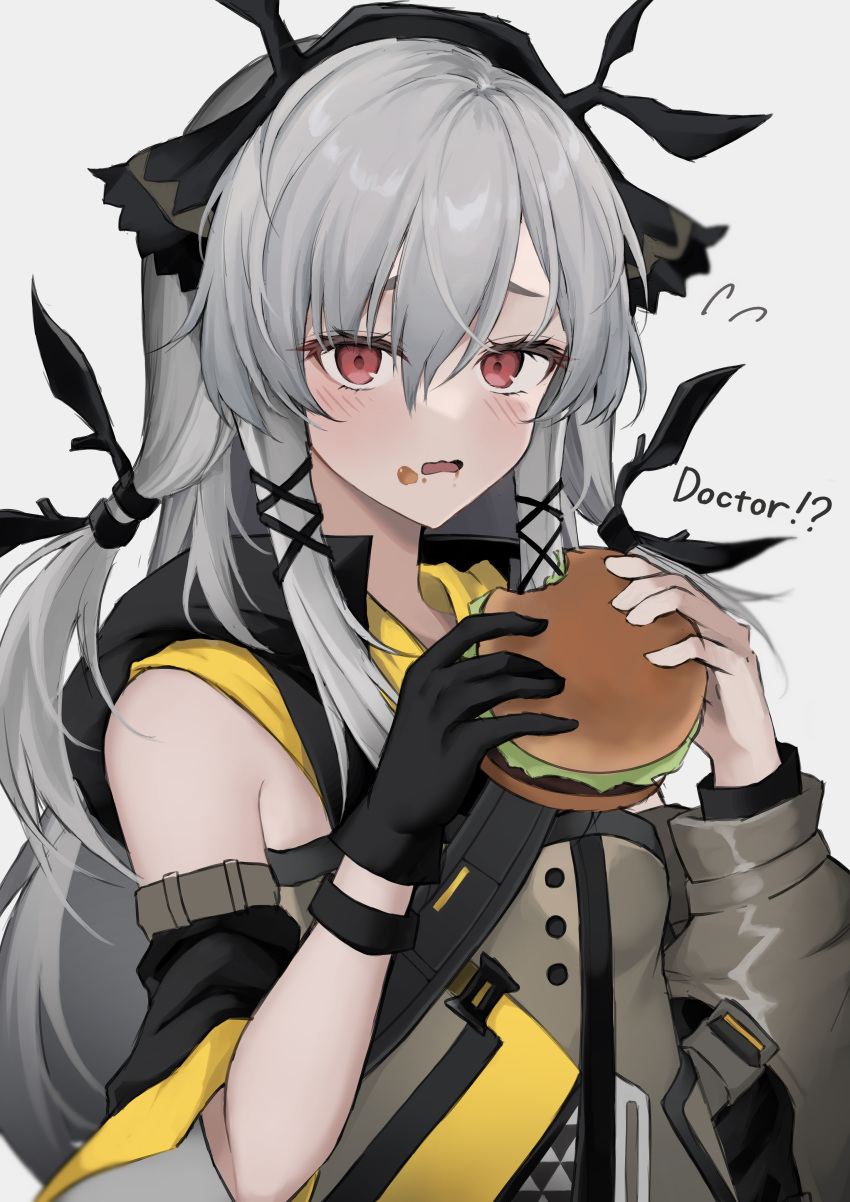 1girl, absurdres, arknights, bangs, bare_shoulders, black_gloves, black_ribbon, burger