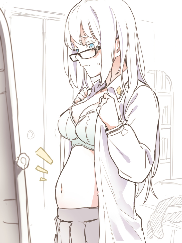 1girl, asutora, asutora-chan, black-framed_eyewear, blue_eyes, bra, breasts, closed_mouth
