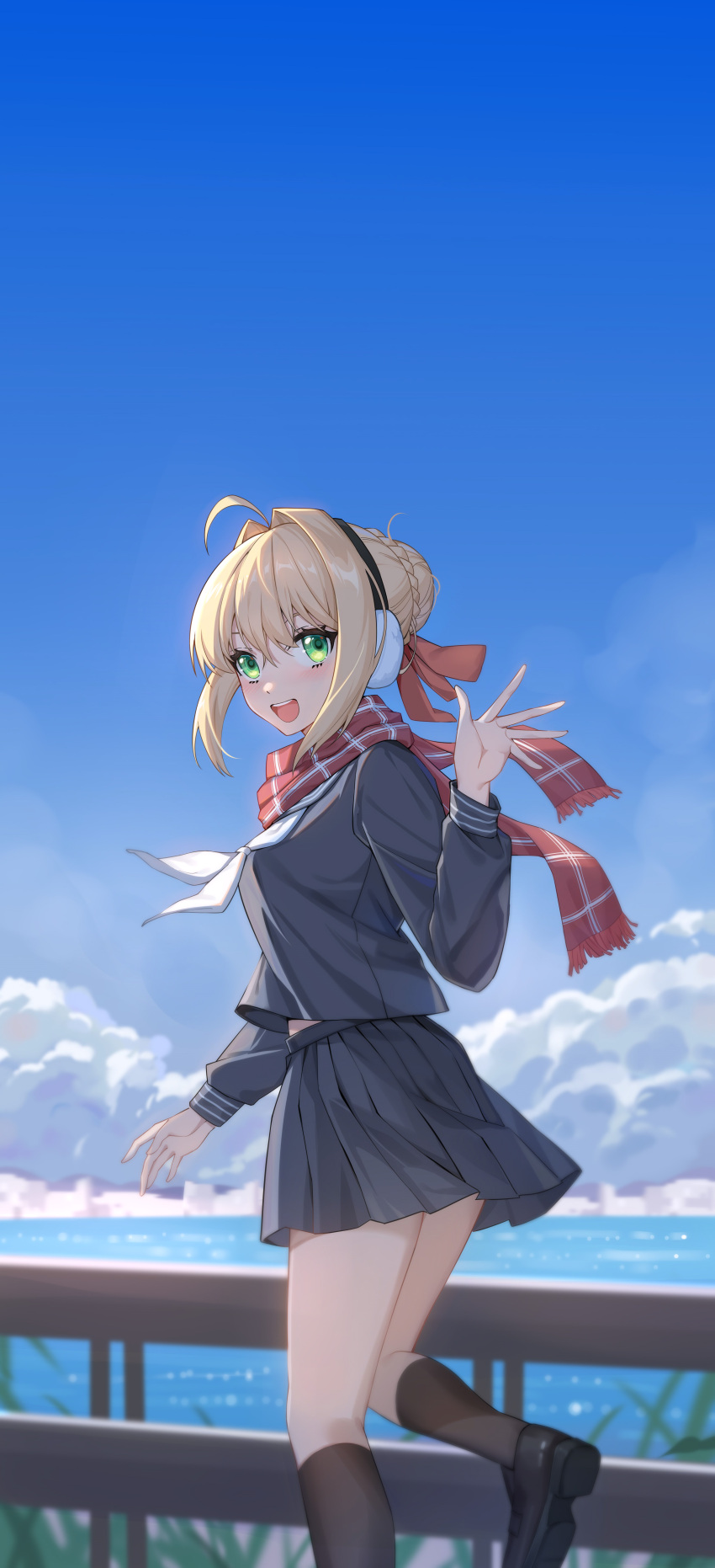 1girl, absurdres, ahoge, alternate_costume, black_blouse, black_footwear, black_legwear, black_serafuku