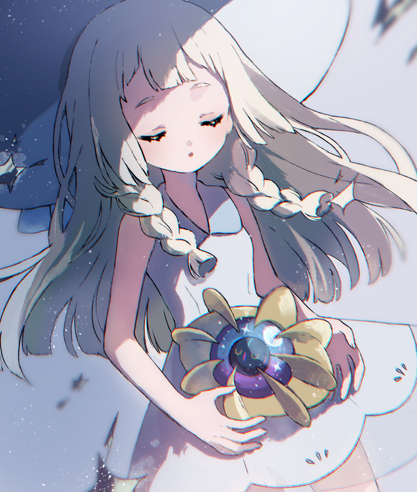 1girl, bangs, blonde_hair, blunt_bangs, blurry, braid, closed_eyes, collared_dress