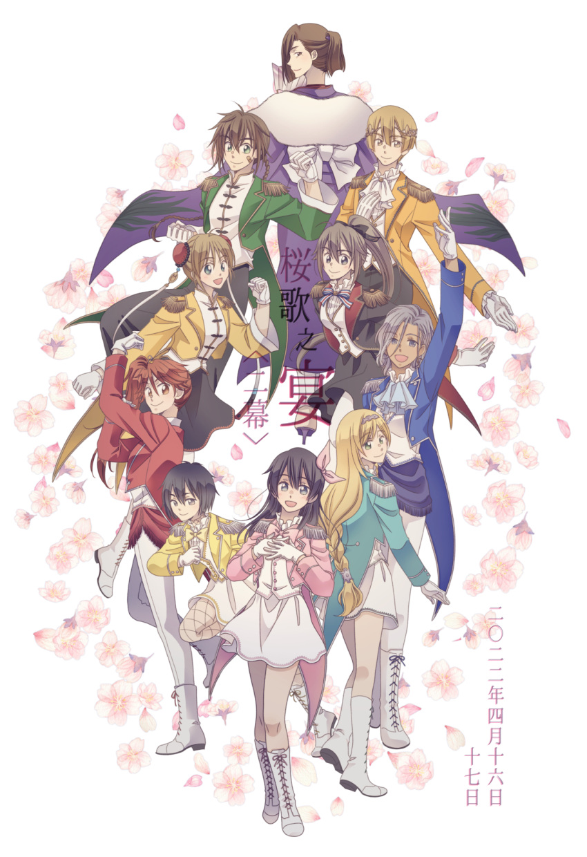 2boys, 6+girls, amamiya_sakura, anastasia_palma, arthur_(shin_sakura_taisen), ascot, black_eyes, black_hair, blonde_hair, blue_ascot, blue_jacket, bow, brown_eyes, brown_hair, clarissa_snowflake, dark-skinned_female, dark_skin, gloves, green_jacket, grey_hair, hair_behind_ear, hair_bow, highres, huang_yui, jacket, kanzaki_sumire, katsuki_(fudepenclub), lancelot_(shin_sakura_taisen), long_hair, looking_at_viewer, mochizuki_azami, multiple_boys, multiple_girls, pants, pink_bow, pink_jacket, red_eyes, redhead, sakura_taisen, shin_sakura_taisen, shinonome_hatsuho, shirt, short_hair, side_ponytail, skirt, smile, white_gloves, white_pants, white_shirt, white_skirt, yang_xiaolong_(shin_sakura_taisen), yellow_jacket