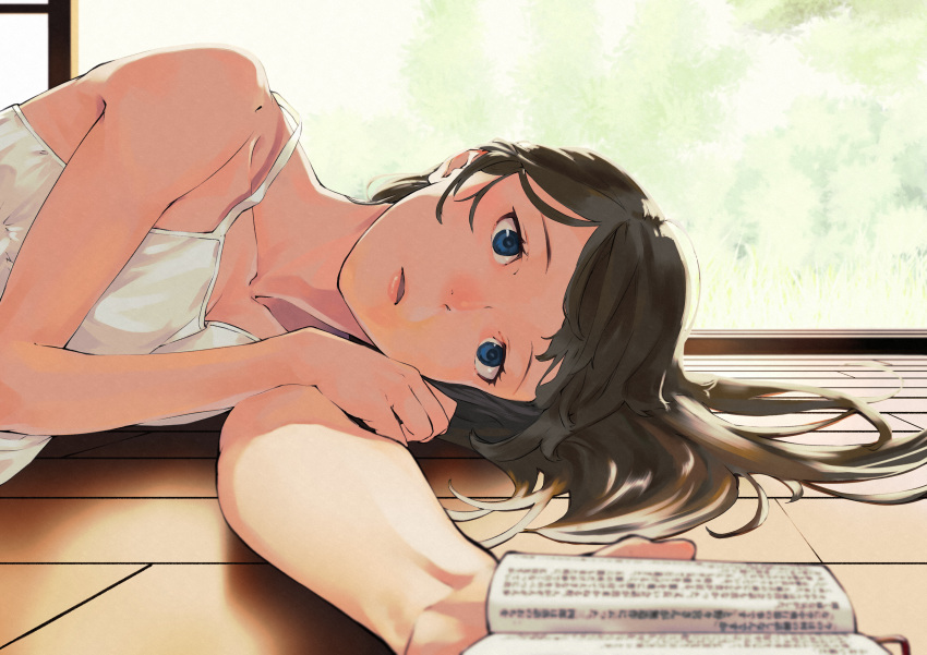 1girl, absurdres, bare_shoulders, black_hair, blue_eyes, book, breasts, collarbone