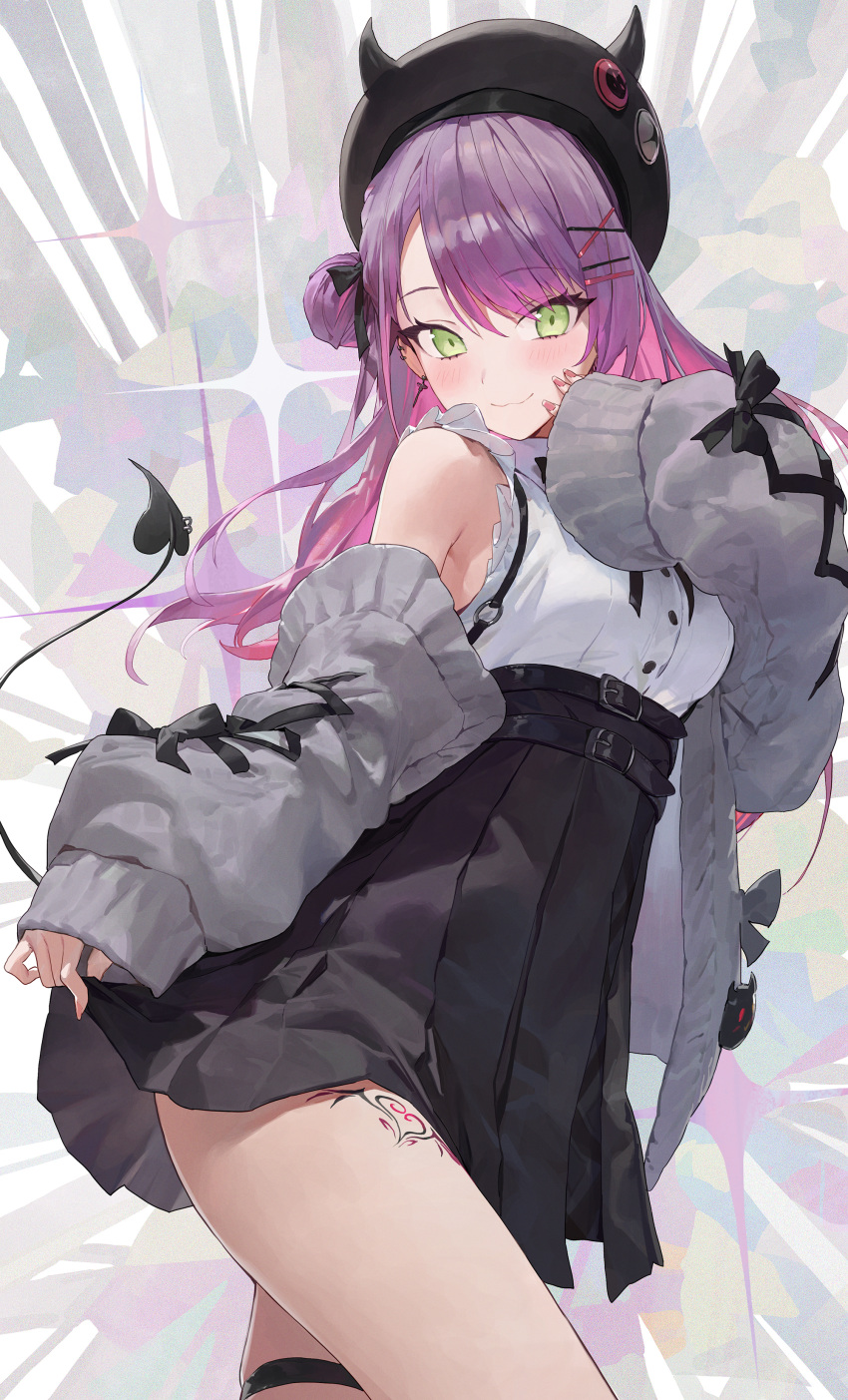 1girl, absurdres, asymmetrical_hair, belt, beret, black_belt, black_headwear, black_skirt