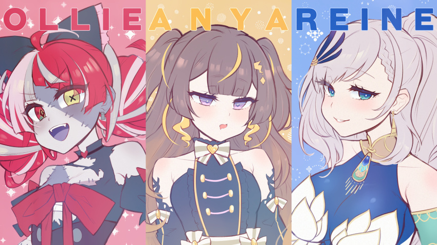 3girls, ahoge, anya_melfissa, bangs, black_bow, blonde_hair, blue_eyes, blush